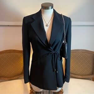 Vintage 80s Black Blazer Jacket with Tie Front Detail Office Chic Workwear S/M